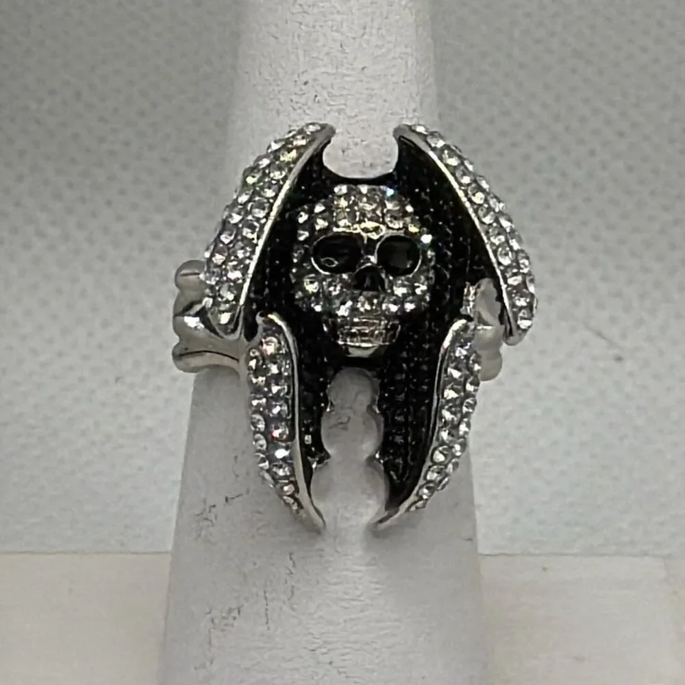 Size 8 Skull Bat Wing Rhinestone Ring Silver Tone Goth Statement NWOT
